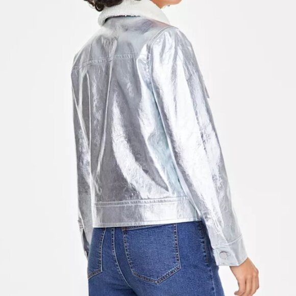 NWT On 34th Mcys Womens Faux Leather Sherpa Collar Jacket Silver Metallic Sz Sm - Picture 3 of 6